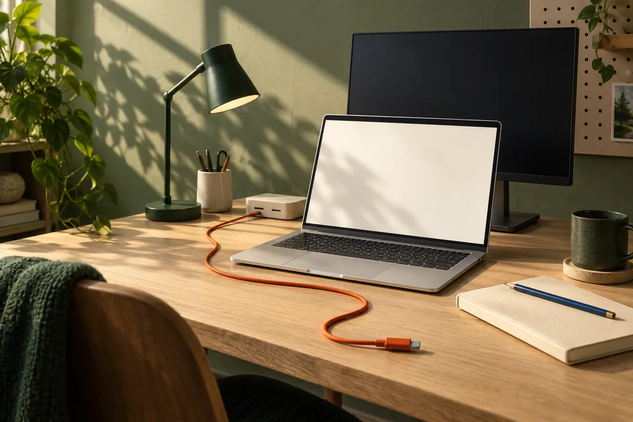 デスクとUSB-CケーブルのAI生成イメージ。特定製品の写真ではありません。